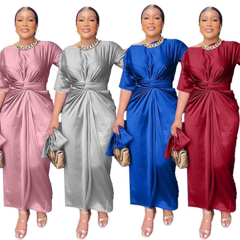 Cap Point Urielle Satin Twisted Round Neck Short Sleeve Straight Dress