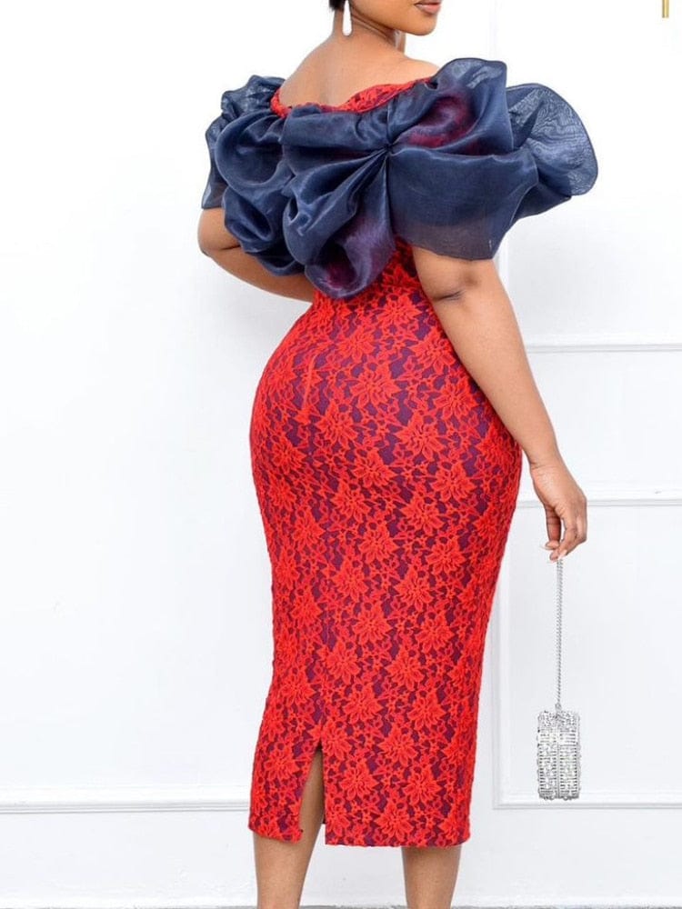 Cap Point Vintage Lace Puff Off Shoulder Slit Print Floral Pencil Dress