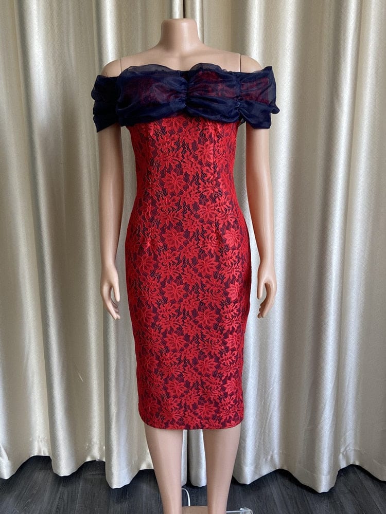 Cap Point Vintage Lace Puff Off Shoulder Slit Print Floral Pencil Dress