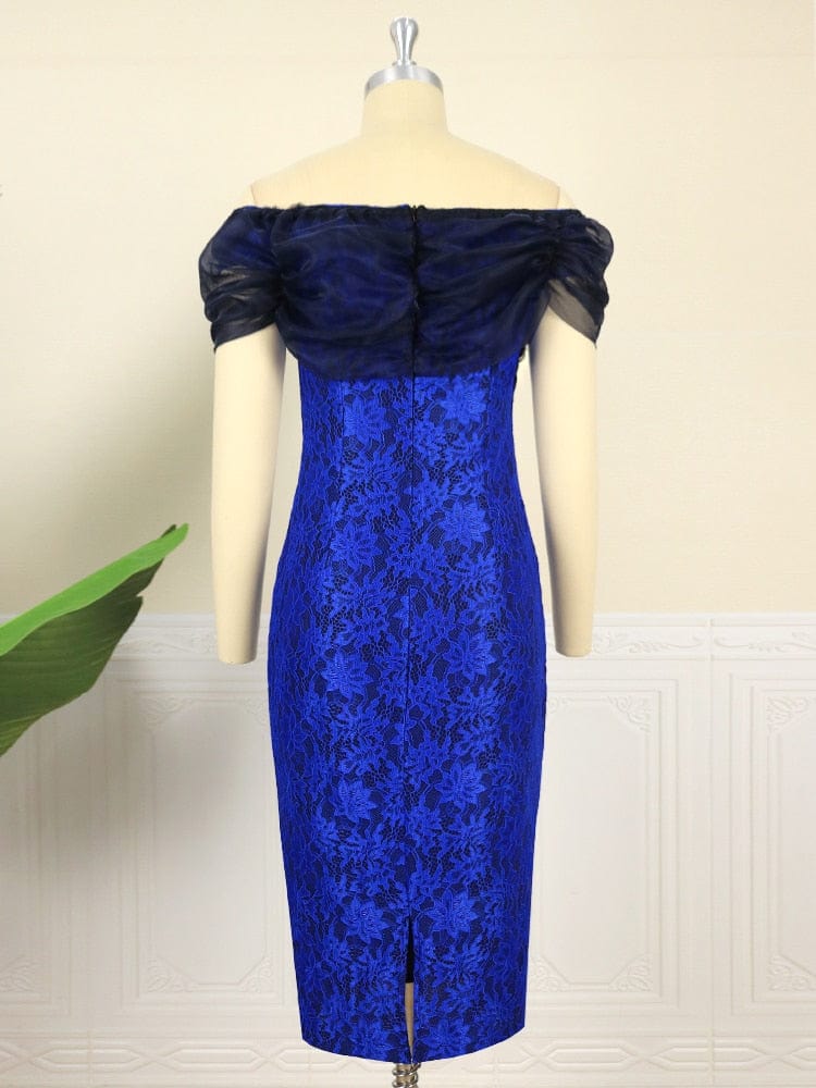 Cap Point Vintage Lace Puff Off Shoulder Slit Print Floral Pencil Dress