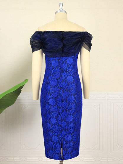 Cap Point Vintage Lace Puff Off Shoulder Slit Print Floral Pencil Dress