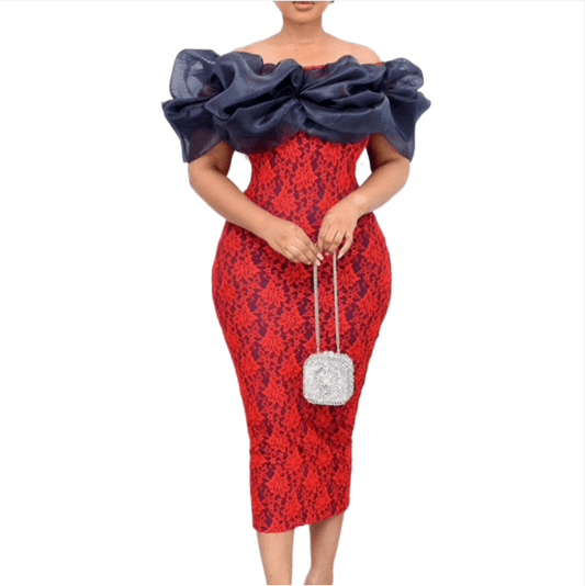 Cap Point Vintage Lace Puff Off Shoulder Slit Print Floral Pencil Dress