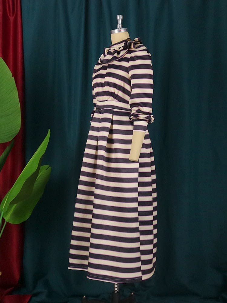Cap Point Vintage Striped Long Sleeve Turtleneck Puffy Maxi Dress
