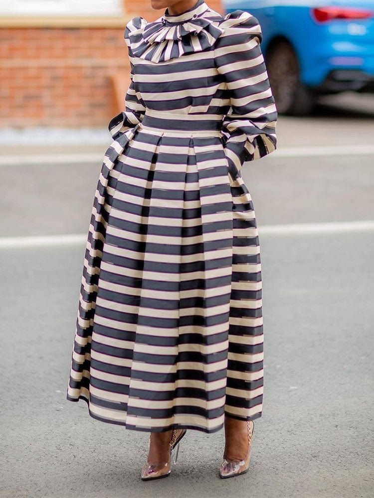 Cap Point Vintage Striped Long Sleeve Turtleneck Puffy Maxi Dress