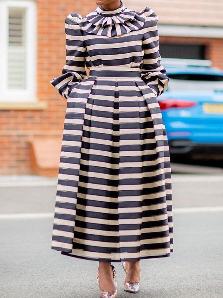 Cap Point Vintage Striped Long Sleeve Turtleneck Puffy Maxi Dress