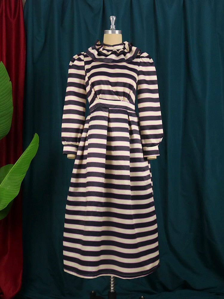 Cap Point Vintage Striped Long Sleeve Turtleneck Puffy Maxi Dress