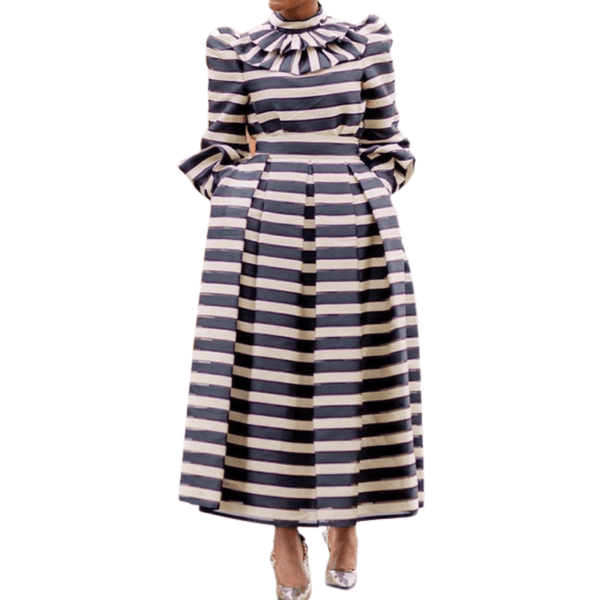 Cap Point Vintage Striped Long Sleeve Turtleneck Puffy Maxi Dress