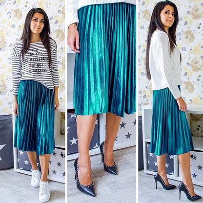 Cap Point Vintage Velvet High Waisted Elegant Pleated Skirt