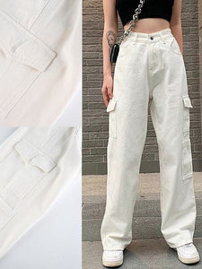 Cap Point White-1881 / S Vintage Streetwear Pockets Wide Leg Baggy Cargo Jeans Pants