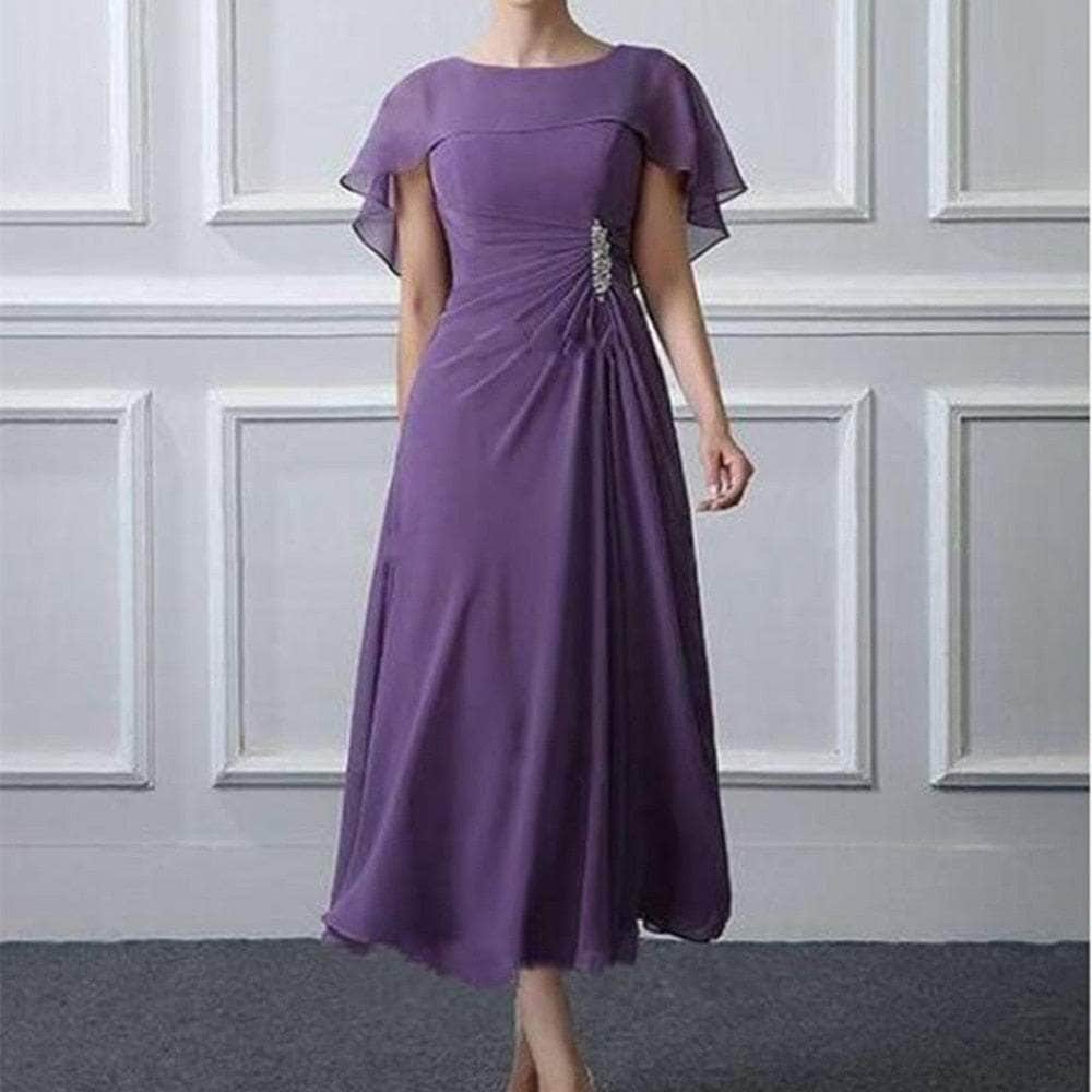 Cap Point Gold / 8 Michelline Chiffon Tea Length Folds Wedding Party Guest Gown Mother of the Bride Dress