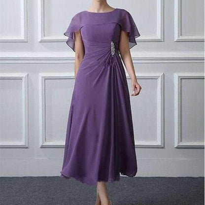 Cap Point Gold / 8 Michelline Chiffon Tea Length Folds Wedding Party Guest Gown Mother of the Bride Dress