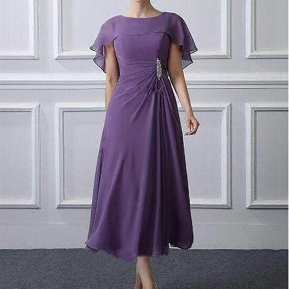 Cap Point Gold / 8 Michelline Chiffon Tea Length Folds Wedding Party Guest Gown Mother of the Bride Dress