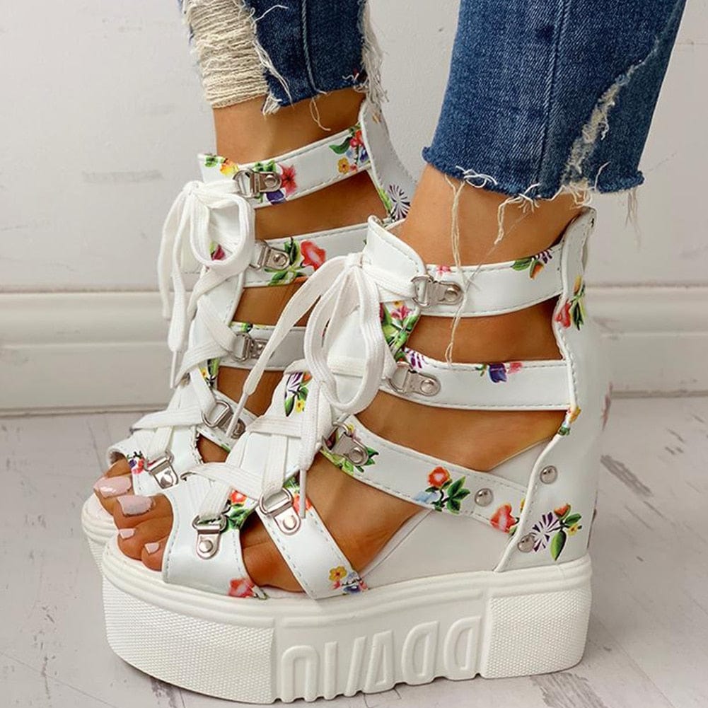 Cap Point white / 4.5 Elegant Print Leisure Wedges Platform Shoelaces High Heels