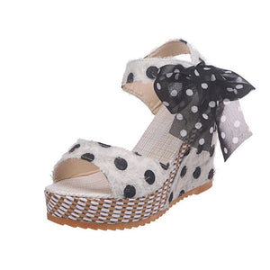 Cap Point white / 5 Carole Dot Bowknot Design Platform Wedge Ankle Strap Open Toe Sandals