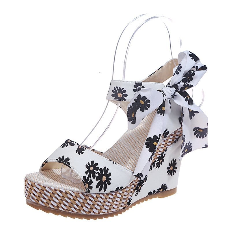 Cap Point White / 5 Hilda Dot Bowknot Design Platform Wedge Ankle Strap Open Toe Sandals