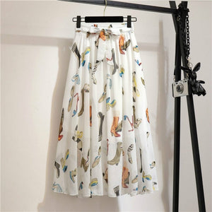 Cap Point White / Free size Belline Chiffon Floral Bohemian High Waist Maxi Skirt