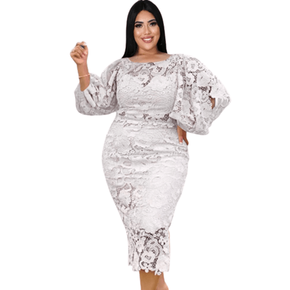 Cap Point White / L Meda Plus Size O Neck Lace Lantern Sleeve Hollow Out PatchworkMaxi Dress