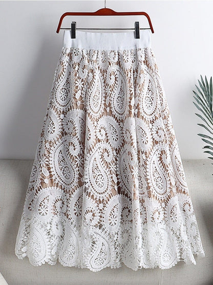 Cap Point white / One Size Elegant Vintage Midi Hollow Out Lace Skirt