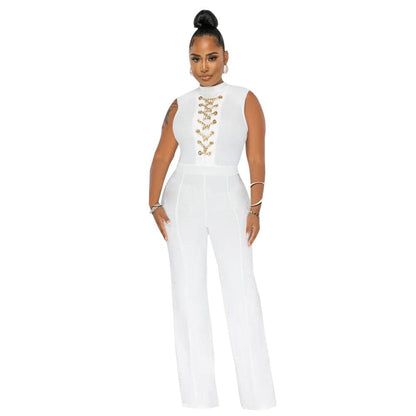 Cap Point White / S Anita Solid O Neck High Waist Wide Leg Pant Jumpsuit