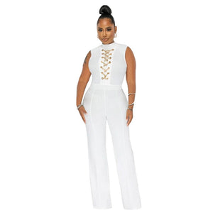 Cap Point White / S Anita Solid O Neck High Waist Wide Leg Pant Jumpsuit
