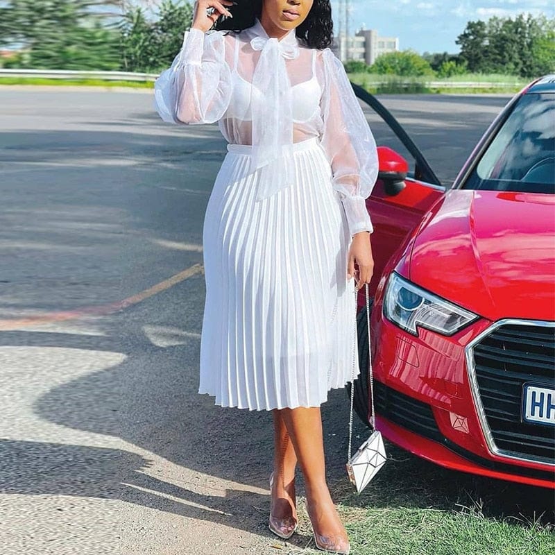 Cap Point White / S Belline High Waist Pleasted Casual Chic Midi Skirt
