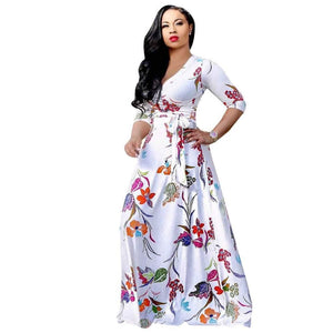 Cap Point White / S Benita Sexy Bohemian Splicing Floral Print Sleeve Maxi Bodycon Dress