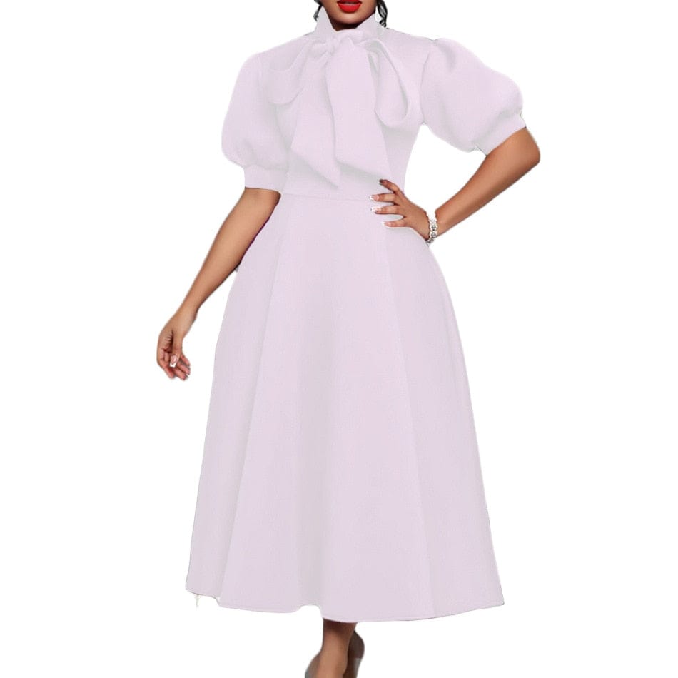 Cap Point white / S Bijoux Short-sleeved high-waisted bow tie trapeze dress