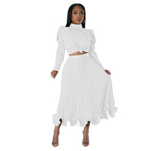 Load image into Gallery viewer, Cap Point White / S Dinanga Elegant Slim Two Piece Solid Satin Puff Sleeve Top Ruffle Dress
