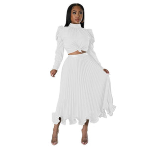 Cap Point White / S Dinanga Elegant Slim Two Piece Solid Satin Puff Sleeve Top Ruffle Dress