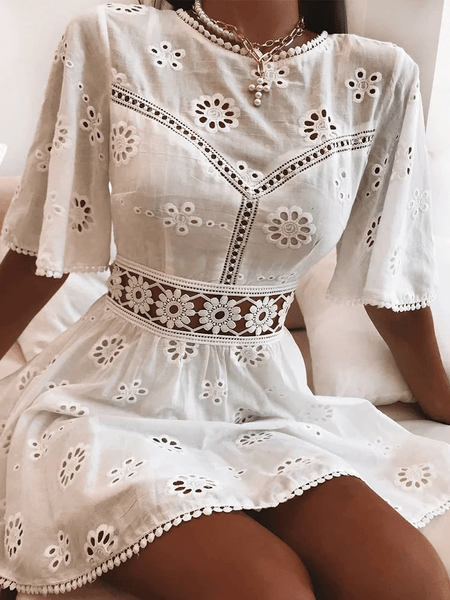Cap Point WHITE / S Elegant White Floral Embroidery Cotton Dress