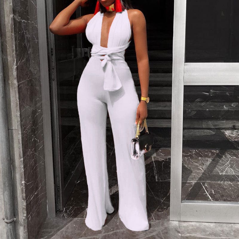 Cap Point white / S Genevieve Sexy Wide Leg Sleeveless Lace Up V-Neck Multi Way Jumpsuit
