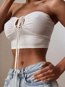 Cap Point white / S Gina Sexy Solid Lace Up Bow Halter Ruched Crop Top