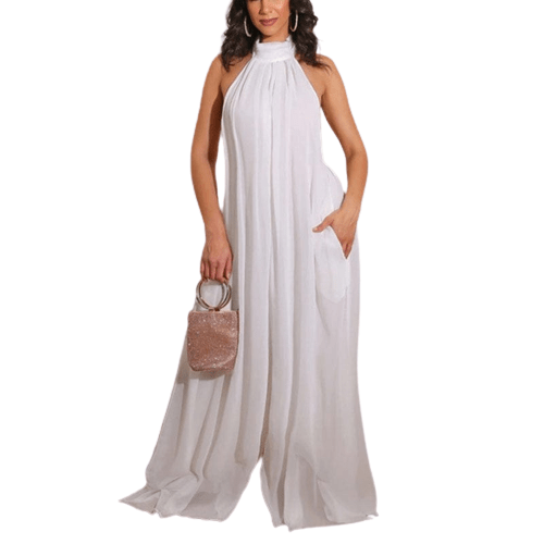 Cap Point white / S Loose Chiffon Halter Long Jumpsuit