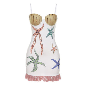 Cap Point White / S Malia Rhinestones Spaghetti Straps Ruffles Stitching Bodycon Mini Dress