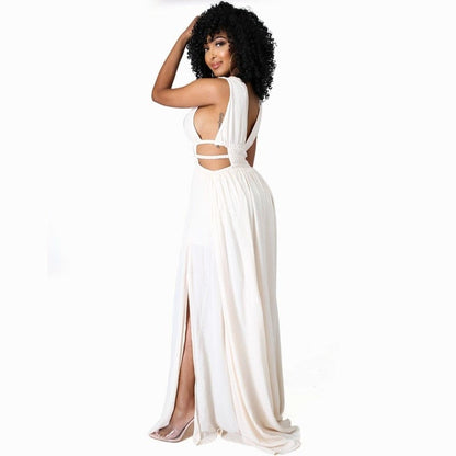 Cap Point White / S Plain Sleeveless V-Neck Slit Maxi Dress