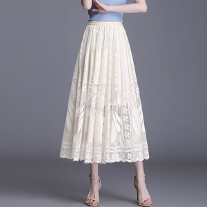 Cap Point White / S Schomie Lace Big Swing Gauze Hollow Pleated Skirt