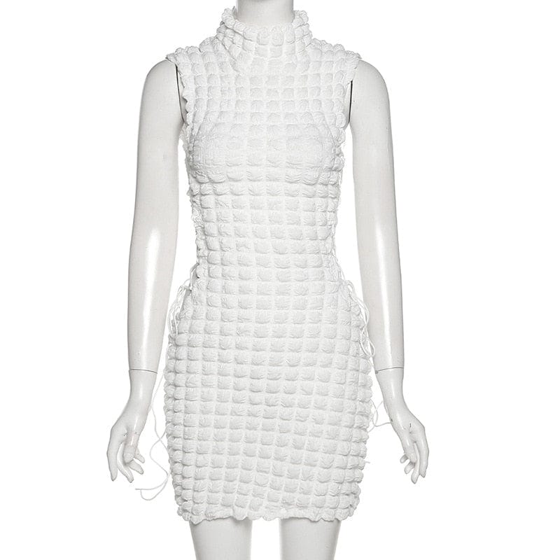 Cap Point white / S Sexy Solid Mock Neck Sleeveless Draw String Bodycon Mini Dress