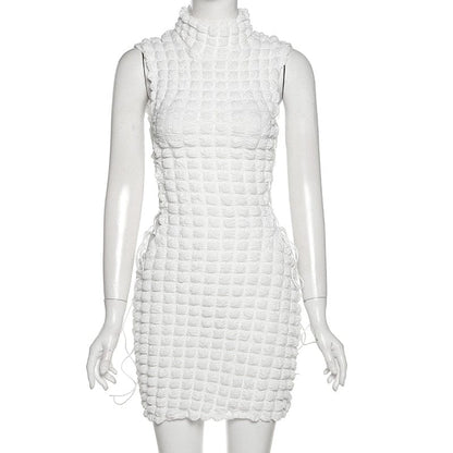 Cap Point white / S Sexy Solid Mock Neck Sleeveless Draw String Bodycon Mini Dress