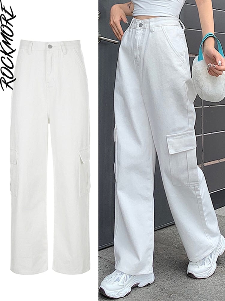 Cap Point White / S Vintage Streetwear Pockets Wide Leg Baggy Cargo Jeans Pants