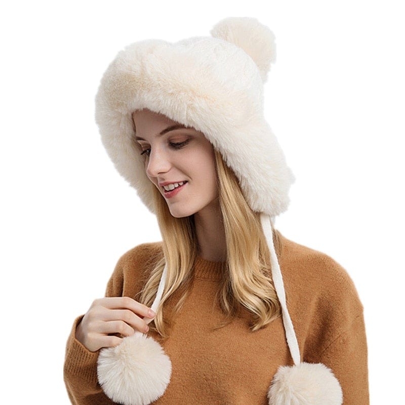 Cap Point White Thicken Plush Winter Warm Knitted Hat with Earflap