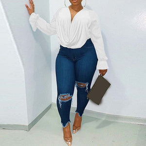 Cap Point White / XL Natacha Chiffon Oversized Long Sleeve V-Neck Blouse