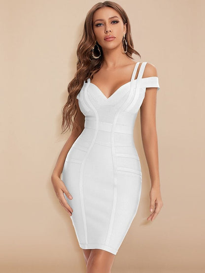 Cap Point white / XS Carolyn Sexy Bandage V-Neck Double Elastic Strap Bodycon Party Club Dress