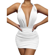 Load image into Gallery viewer, Cap Point white / XS Malia Sexy Backless Ruched Sleeveless Low Cut Tie Up Halter Mini Dress
