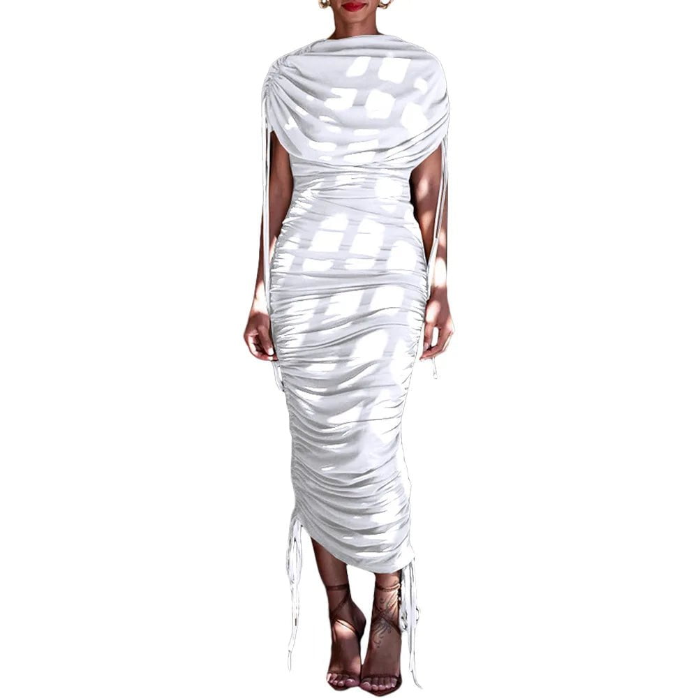 Cap Point White / XXXL Aimee Elegant Ruched Pleated Zipper Up Sleeveless Maxi Dress
