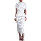 Cap Point White / XXXL Aimee Elegant Ruched Pleated Zipper Up Sleeveless Maxi Dress
