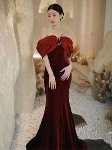 Cap Point Wine Red / 2XL Salome Premium Sense Wine Red Fishtail One Line Shoulder Evening Dress