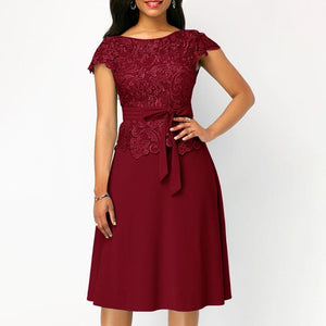 Cap Point Wine Red / S Elegant Women Fashion Bow Lace Patchwork Dress with Belt