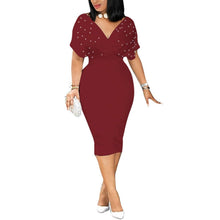 Load image into Gallery viewer, Cap Point Wine Red / S Fashion V Neck Short Ruffled Sleeve Belt Bodycon Midi Dress
