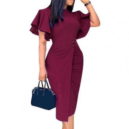 Cap Point Wine Red / S Kathy Formal Split Hem Slim Crew Neck Midi Dress