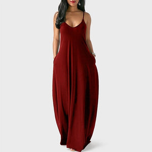 Cap Point Wine Red / S Melania Sexy Bohemian Loose Sleeveless V-Neck Strappy Maxi Dress